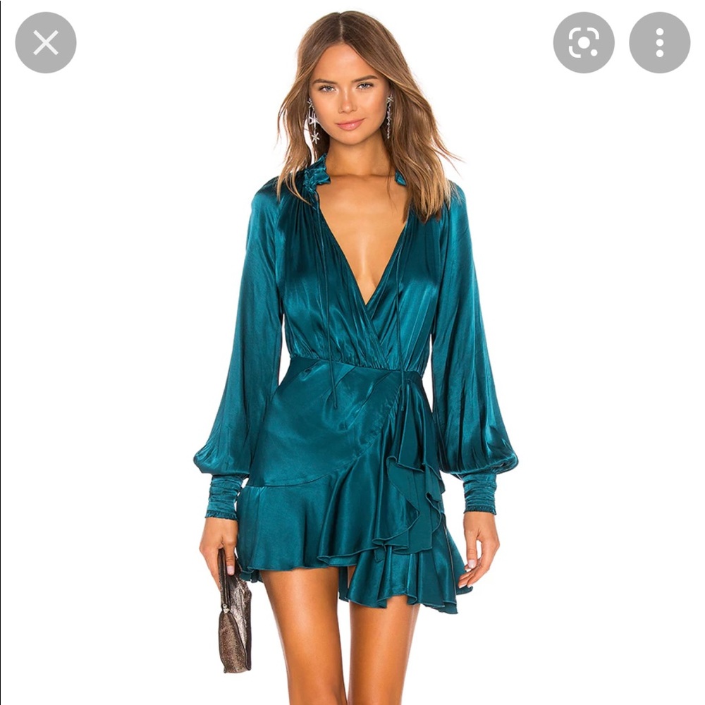Divine Heritage - REVOLVE teal silky cross over ruffle dress